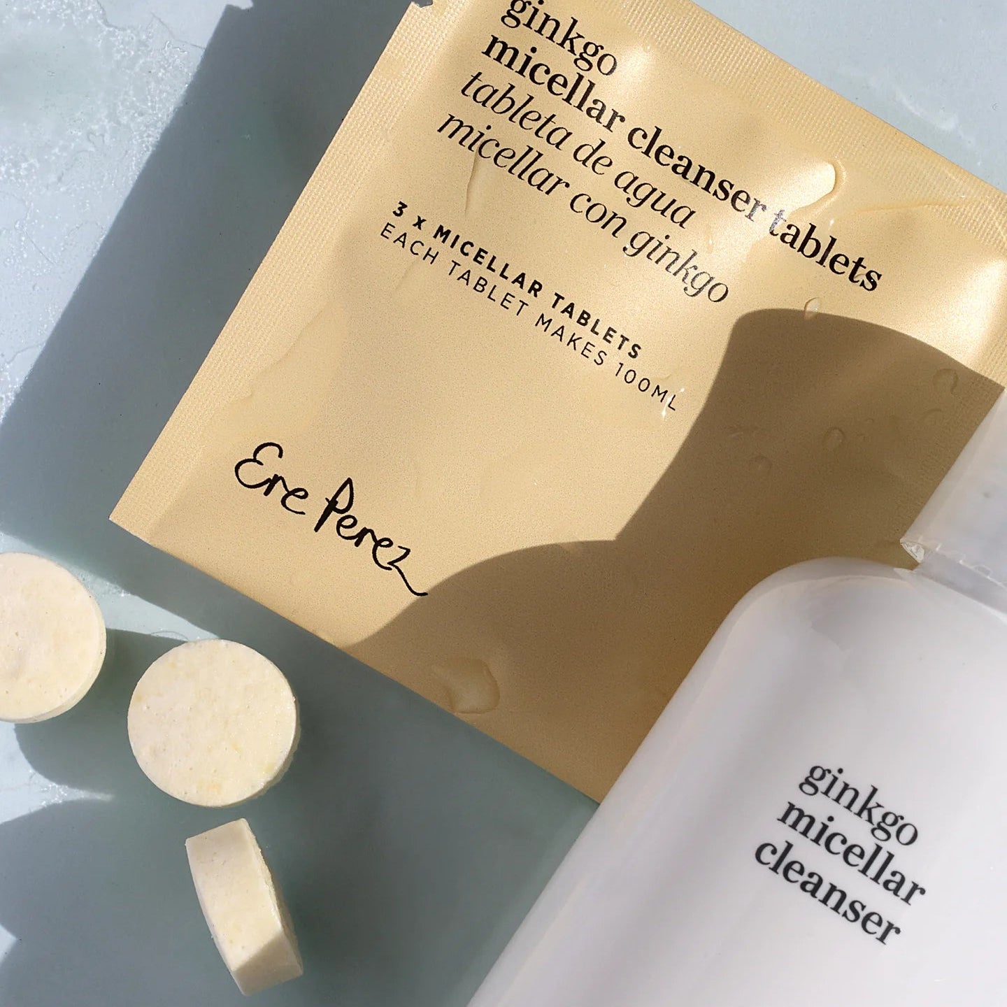 Ere Perez ginkgo micellar cleanser packaging with tablets on a light gray background