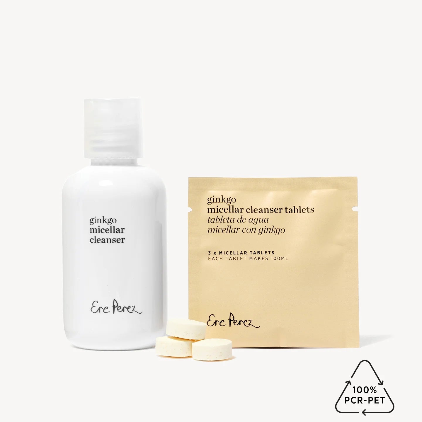 Ere Perez ginkgo micellar cleanser with bottle, tablets, and packaging on a white background