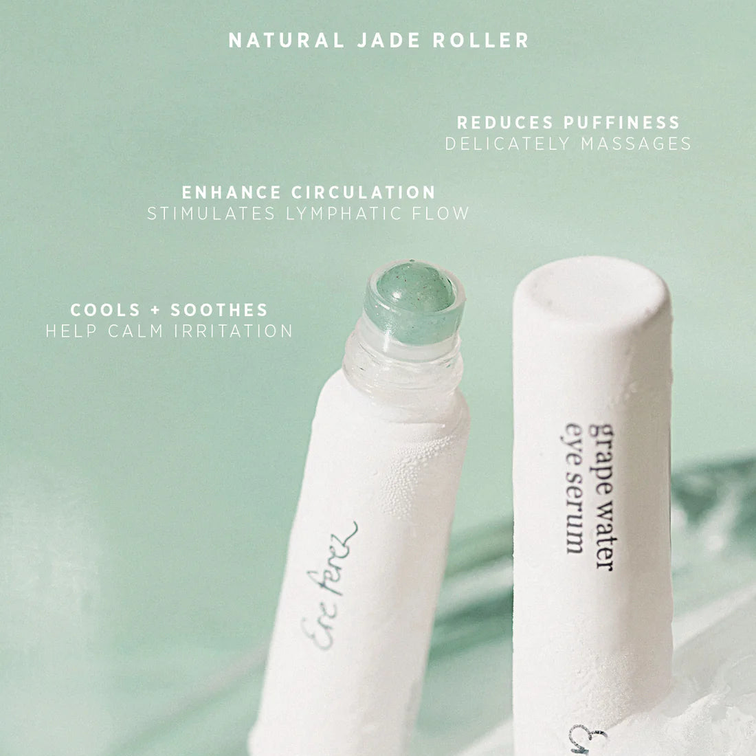 Two white jade rollers with a natural stone top on a light green background, featuring text about their benefits.